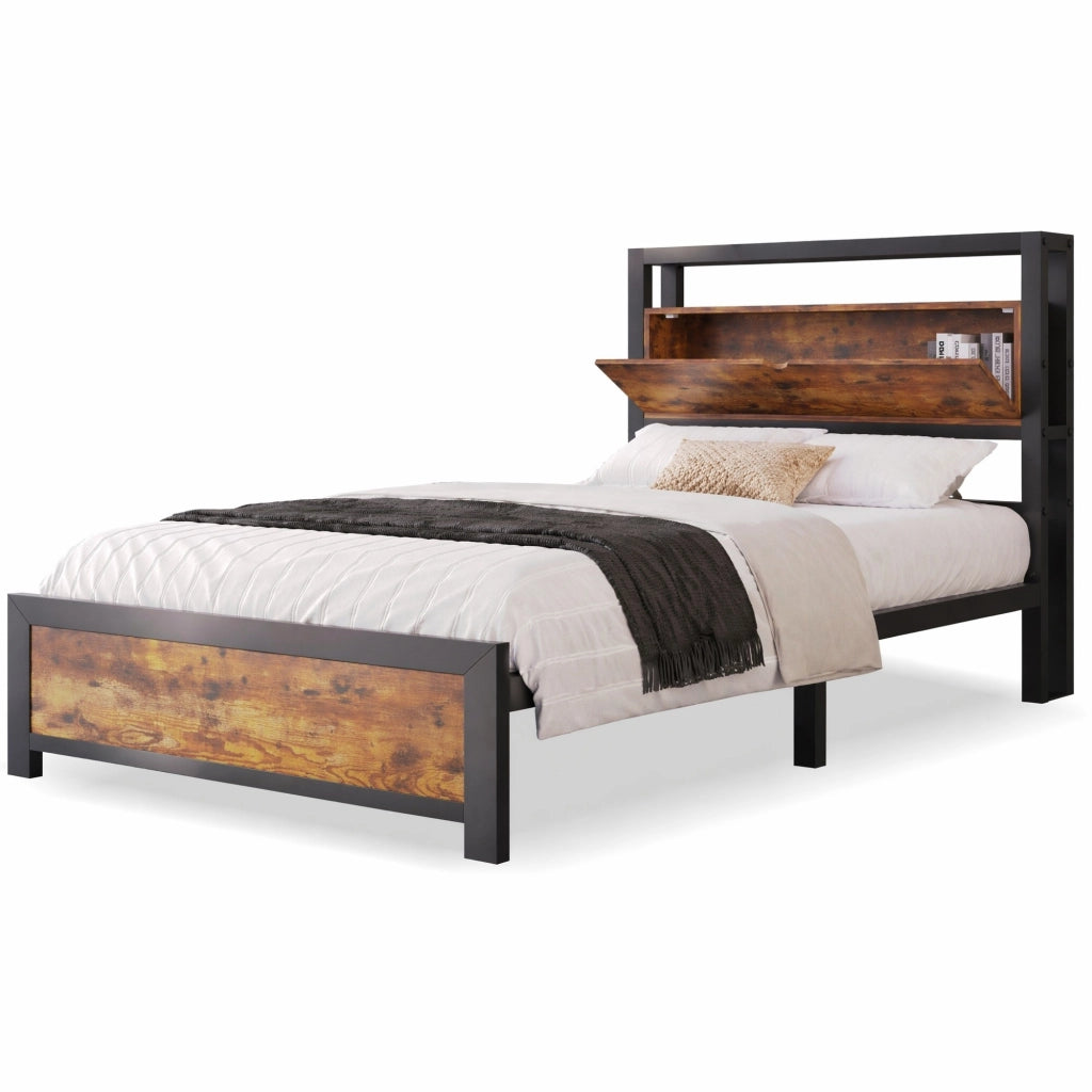 Letto singolo 90x200 cm in metallo e legno naturale con testiera contenitore e rete