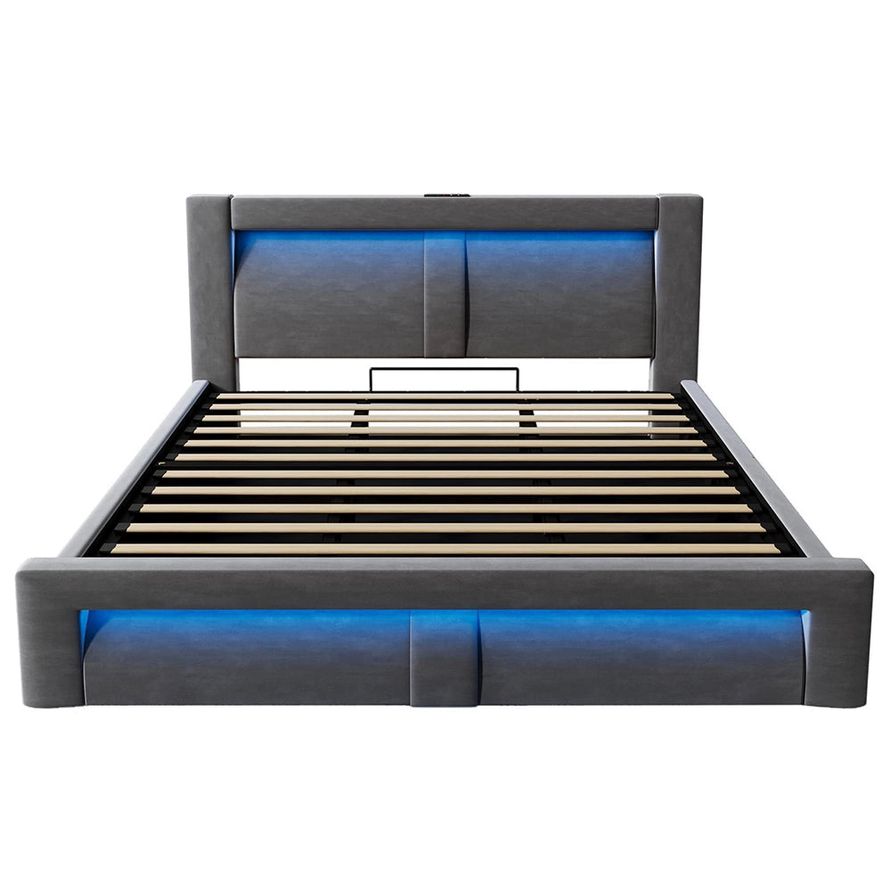 Letto matrimoniale-Xylo-180x200cm idraulico LED USB-C velluto grigio