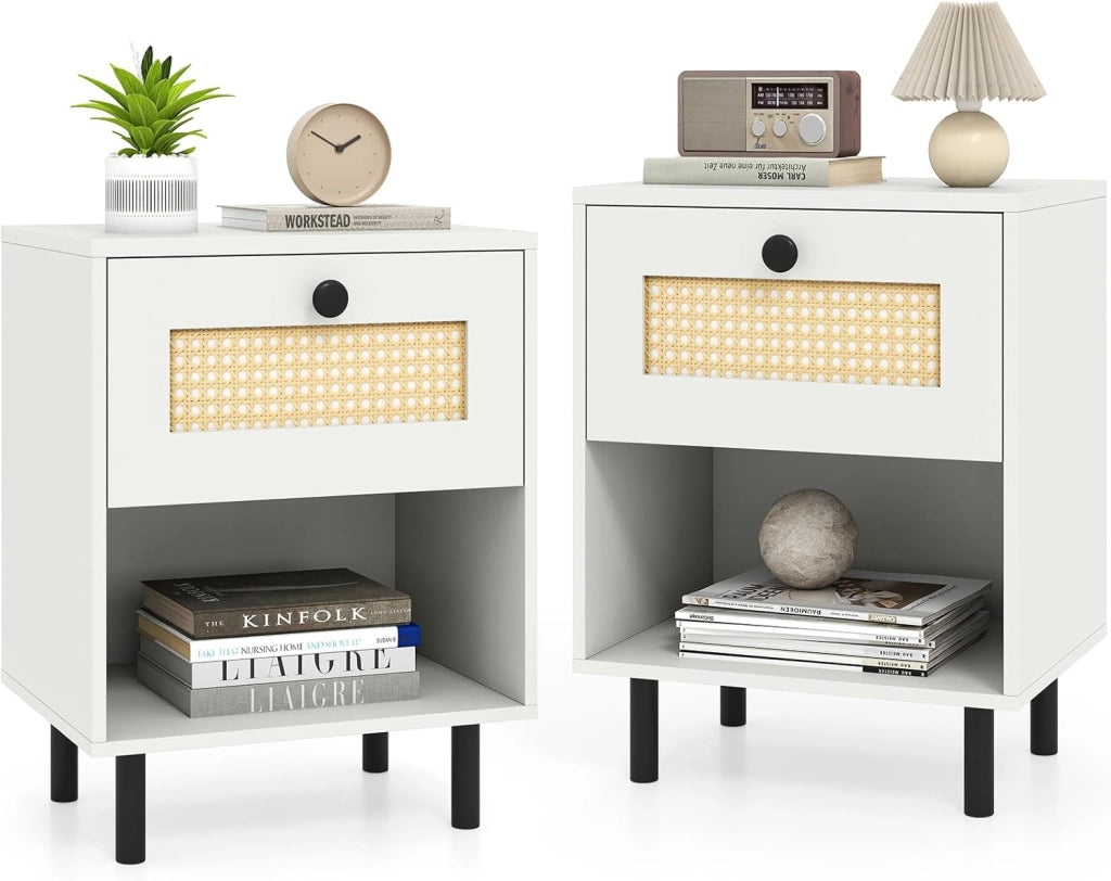 Comodino Camera da Letto con Ampio Cassetto e Scomparto Aperto, Comodino Moderno con Gamba in Metallo e 2 Dispositivi Antiribaltamento per Soggiorno e Ufficio, 40 x 30 x 52 cm (1)