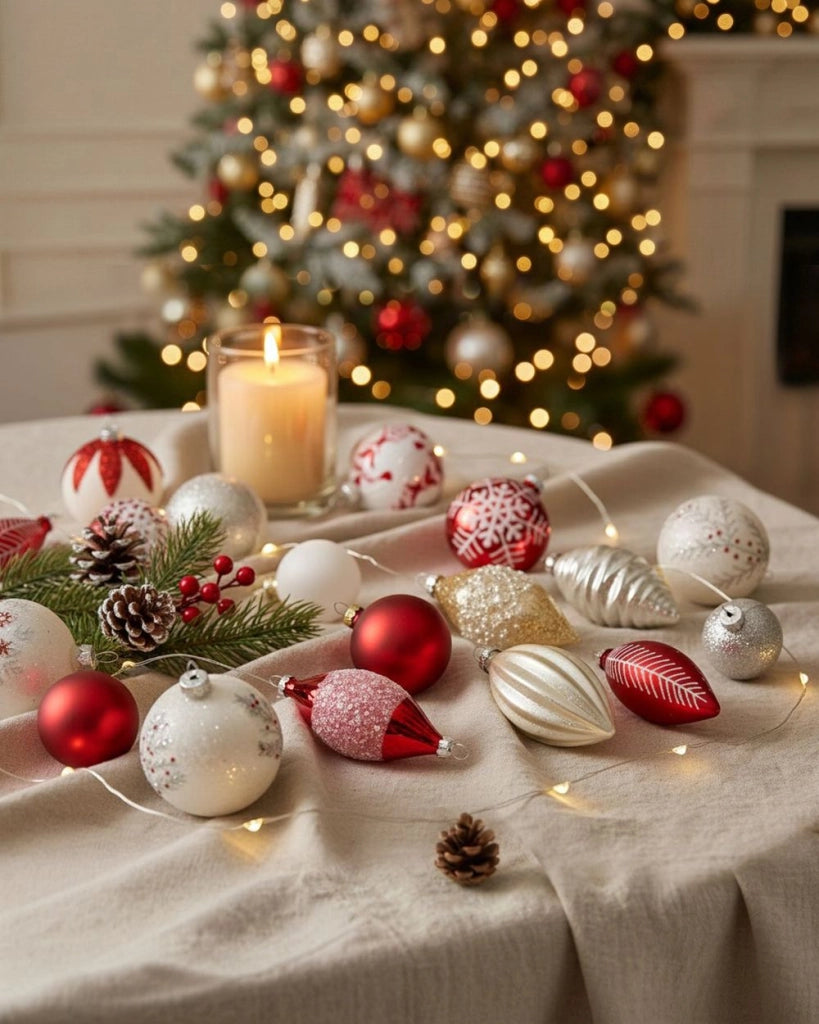 Set di 50 palline di Natale in vetro rosso e bianco da appendere all'albero di Natale in stile tradizionale