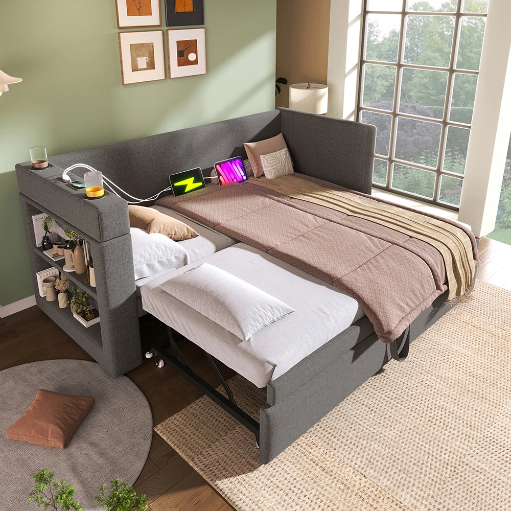 Divano letto-Xylo-90x190 cm-ribaltabile, USB-C, portabicchieri, misto lino, grigio