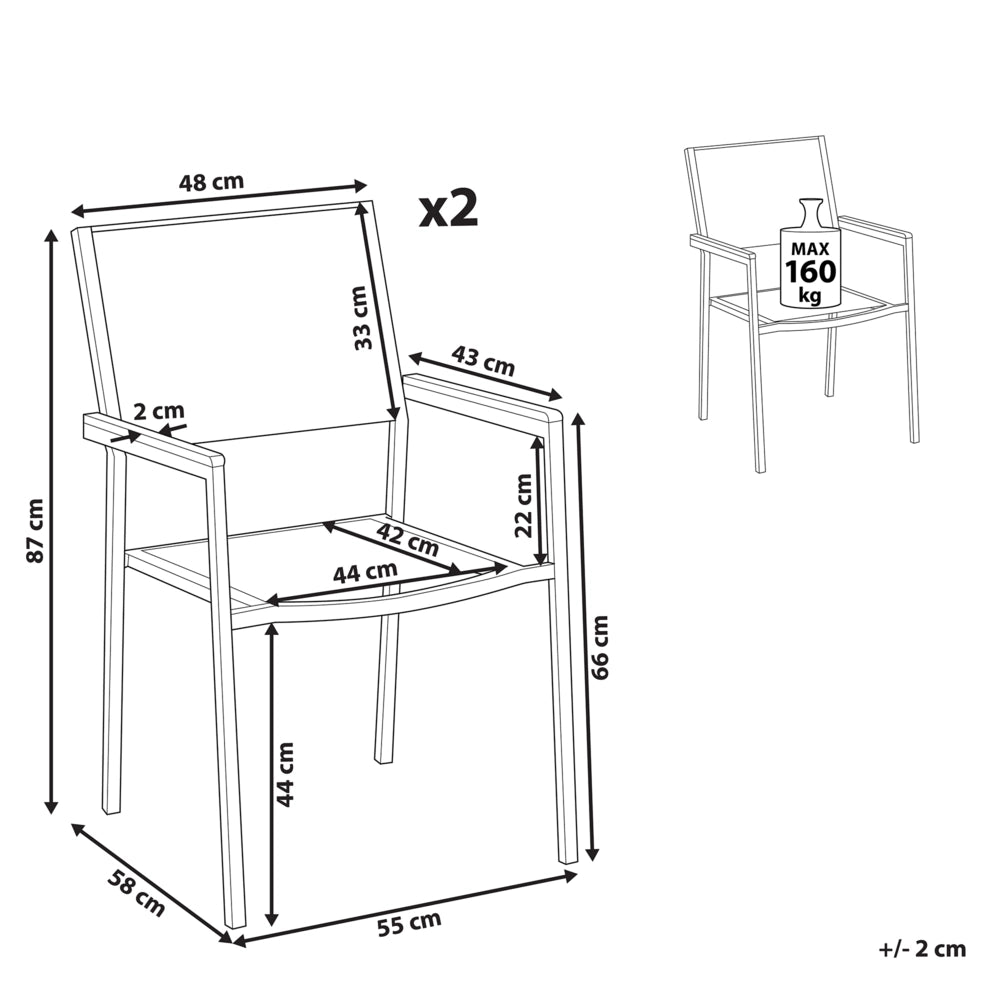 Set di 2 Sedie da Pranzo da Giardino Seduta in Finta Rattan Nero e Argento Gambe in Acciaio Inox Impilabili per Esterni
