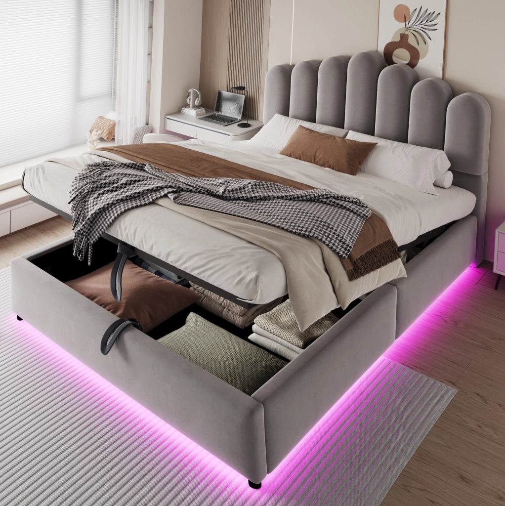 Letto matrimoniale 140x200 cm imbottito con contenitore idraulico; LED; velluto grigio