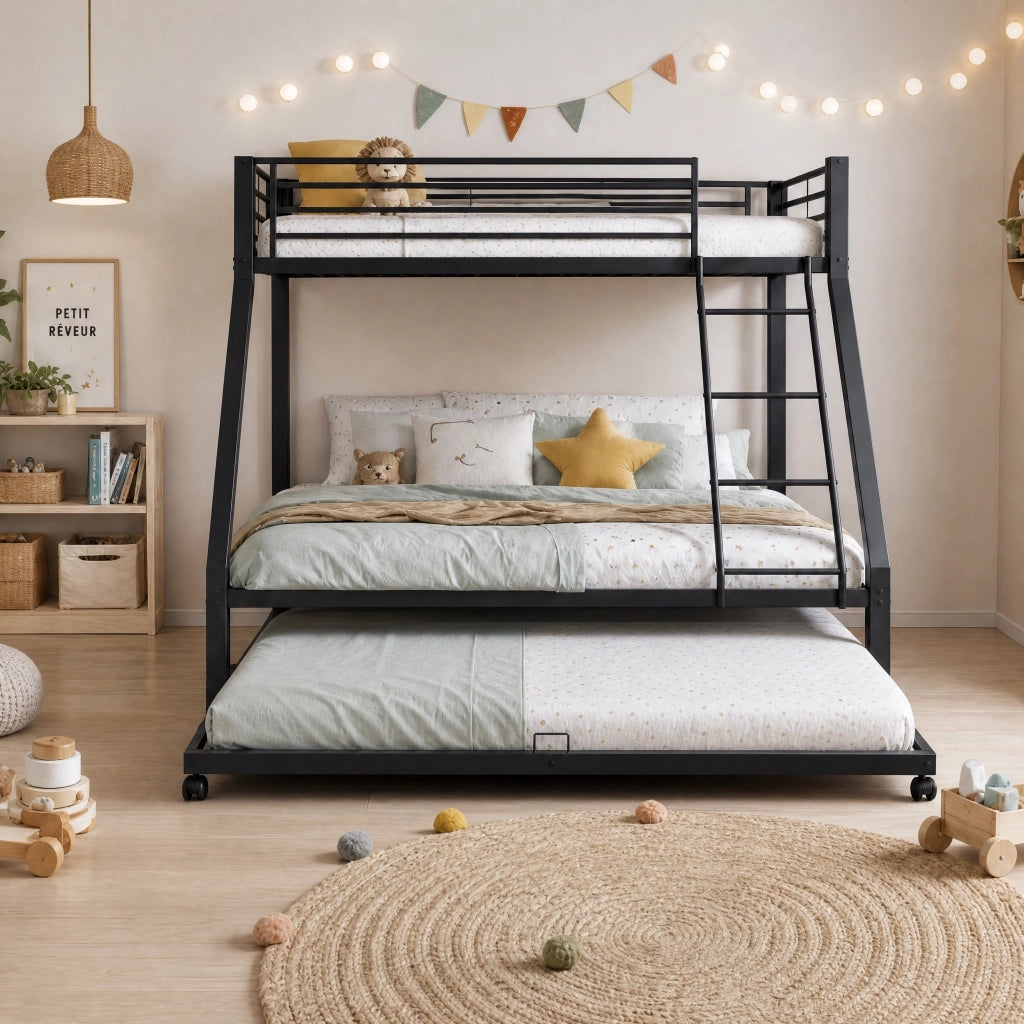 Letto a castello 90 × 200 cm e 140 × 200 cm con letto estraibile 90 × 190 cm, senza materasso, nero