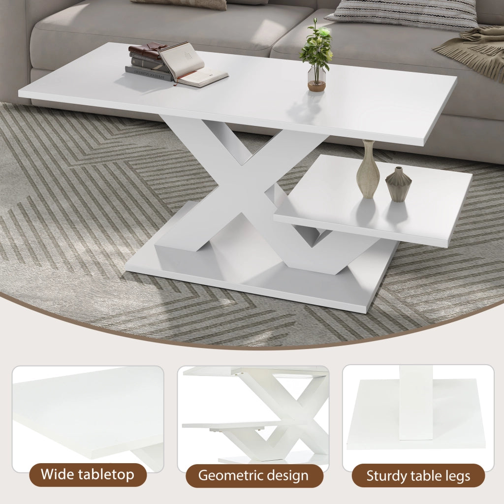 Tavolino basso rettangolare con doppio piano e struttura a x, in MDF lucido, per soggiorno, bianco 100 × 48 × 45 cm