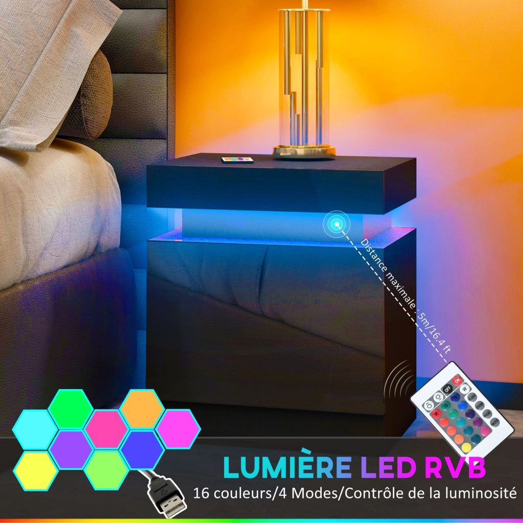Comodino con luce LED RGB e 2 cassetti ¨C Xylo ¨C nero lucido