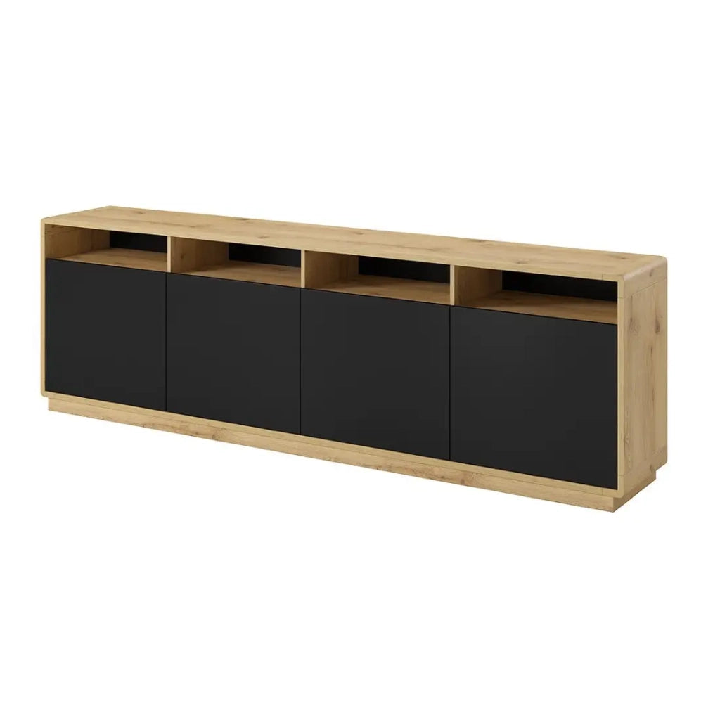 Buffet XL 240cm collezione VILLA. Colore quercia e nero. 4 porte e 4 nicchie.
