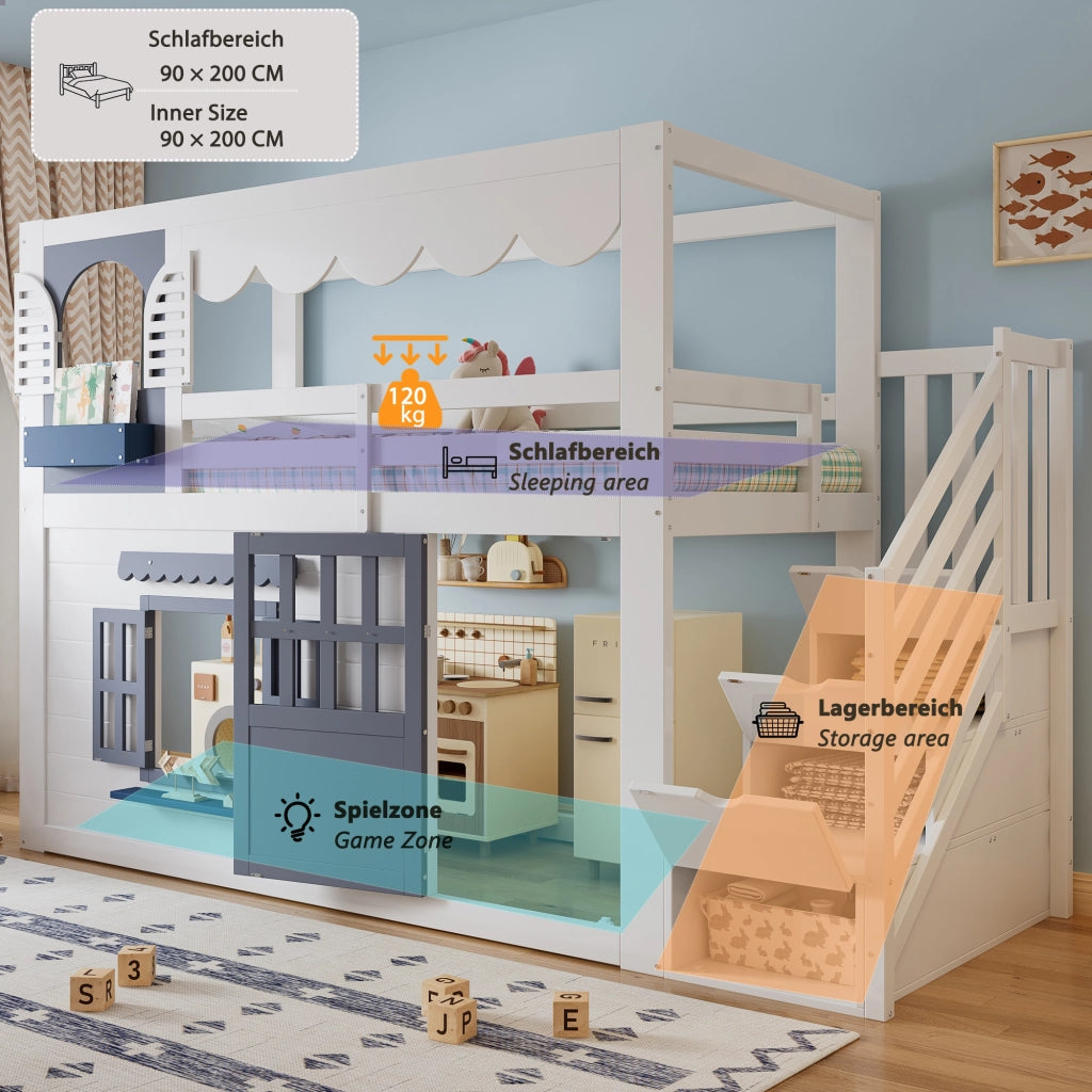 Letto semialto per bambini 90x200 cm con design a casetta; scala contenitore bianco e blu