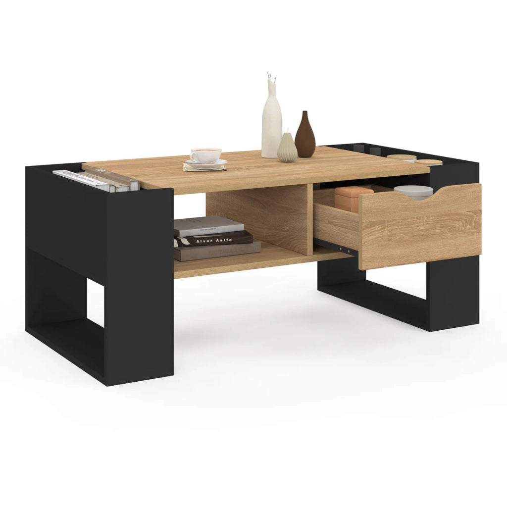 IDMarket - Tavolino rettangolare BERYL con cassetto in legno nero ed effetto faggio