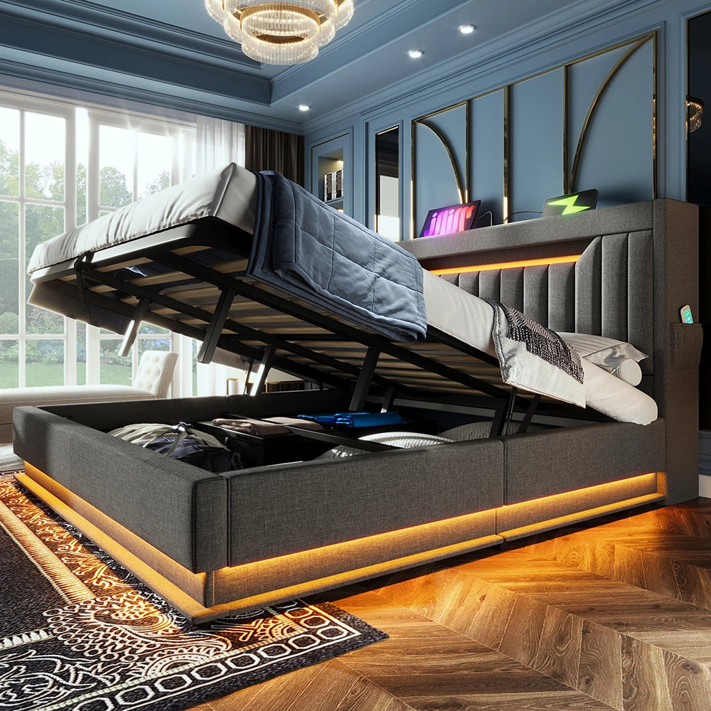 Letto matrimoniale-Xylo-140x200 cm-LED, USB-C, testiera, idraulico, con materasso, grigio