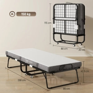 Letto pieghevole per ospiti con ruote, struttura in acciaio, bianco, 200x80x42,5 cm