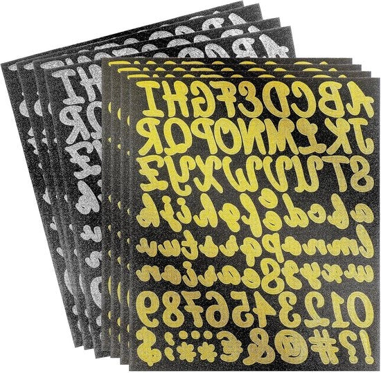Sticker lettere glitter autoadesivi - 8 fogli - numeri simboli - scrapbooking DIY - oro argento