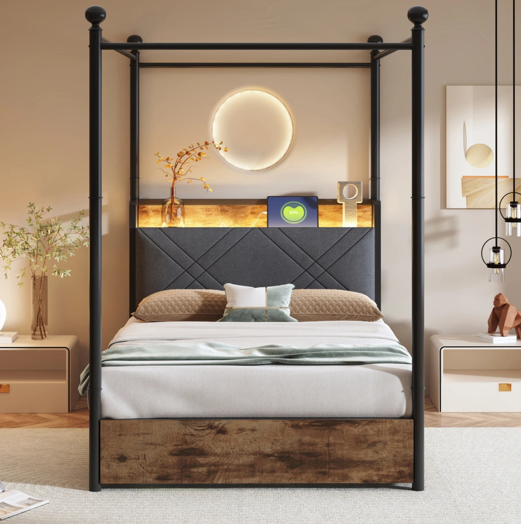 Letto singolo multifunzione 90x190 cm con baldacchino removibile; LED; USB e struttura nera in metallo