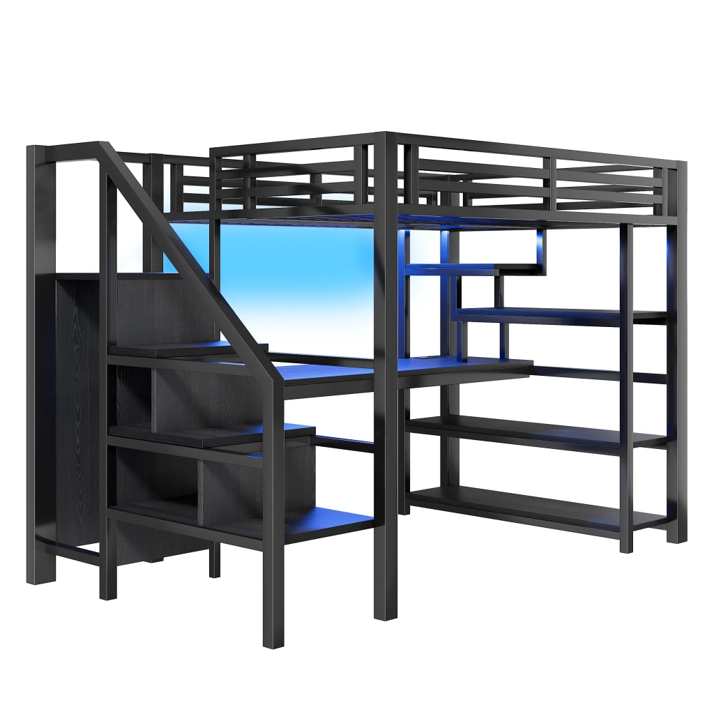 Letto a soppalco 140 × 200 cm con scrivania, armadio aperto, scale contenitore e LED regolabile, senza materasso, in metallo e MDF, nero