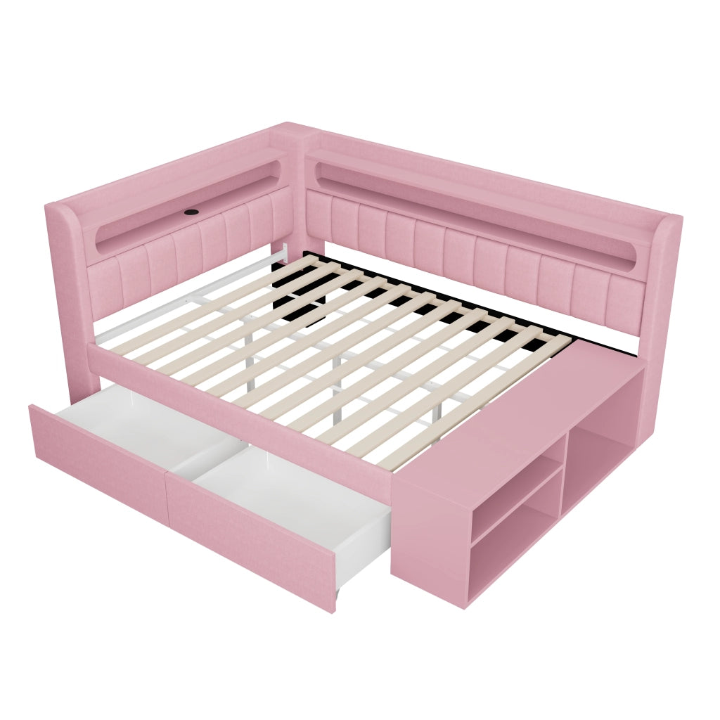 Divano letto imbottito con USB, LED, scarpiera e 2 cassetti, 90x200 cm, rosa