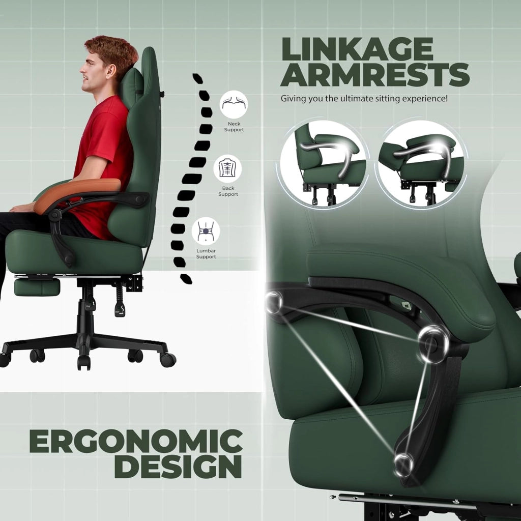 Sedia da gioco, traspirante, sedia da ufficio, ergonomica, in tessuto di alta qualità, ergonomica, schienale regolabile a 160°, poggiapiedi estraibile,carico 180 kg,verde