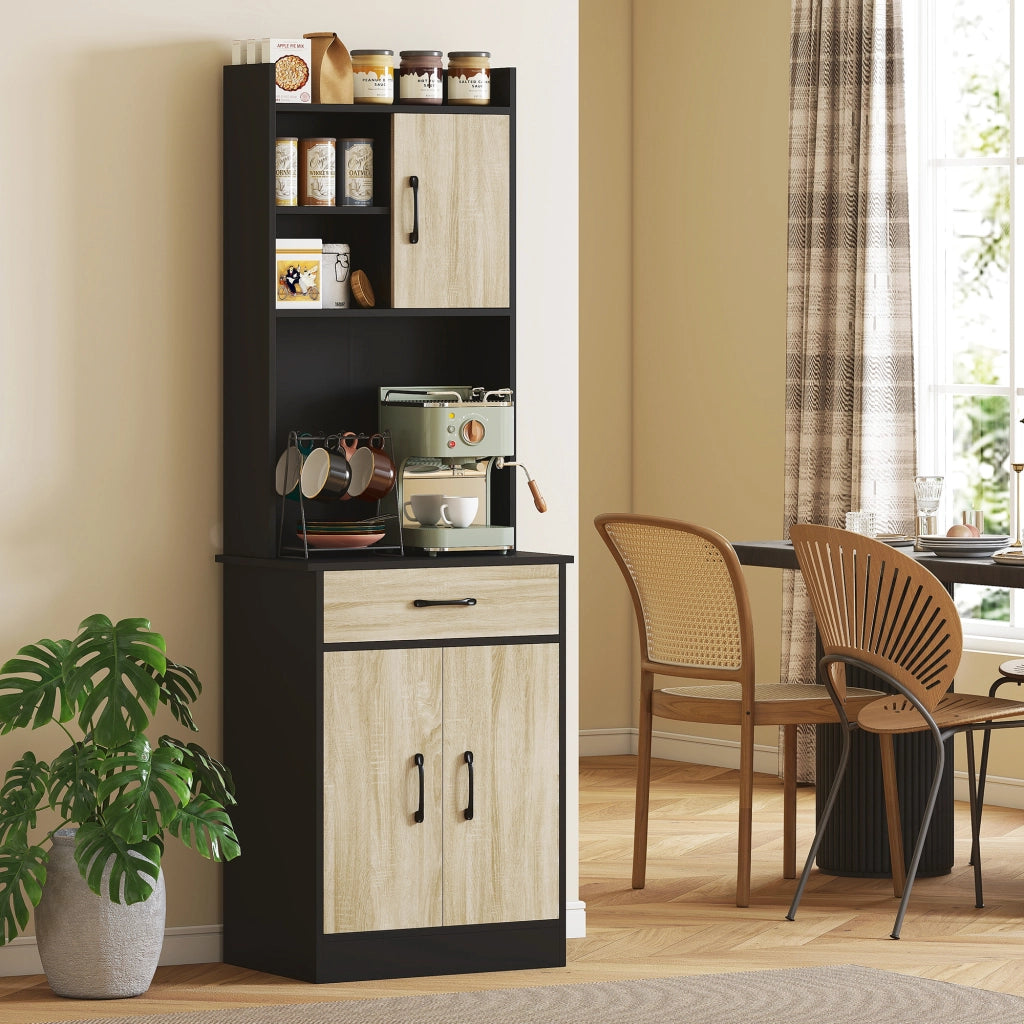 Mobile Alto Cucina Credenza Moderna 60x40x180 cm con Mensola e Foro Passacavi Rivestimento in Melamina Nero e Color