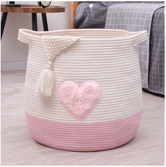 Mensa grande di corda di cotone, cesta intrecciata per giocattoli, organizzatore di asciugamani e coperte, cesta rotonda con maniglie per bambini, D45 x H43 cm, prodotto brevettato (rosa)