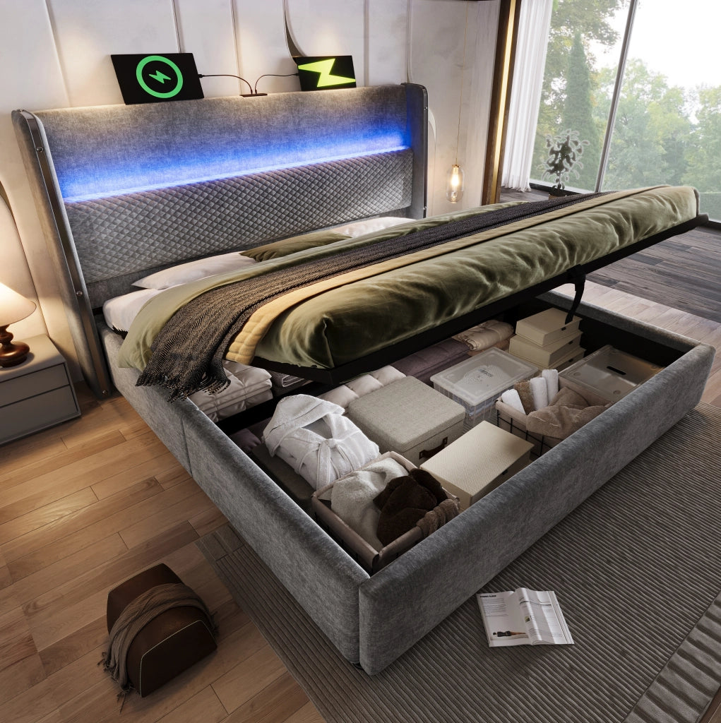 Letto matrimoniale idraulico con testiera alta, LED e USB Tipo C