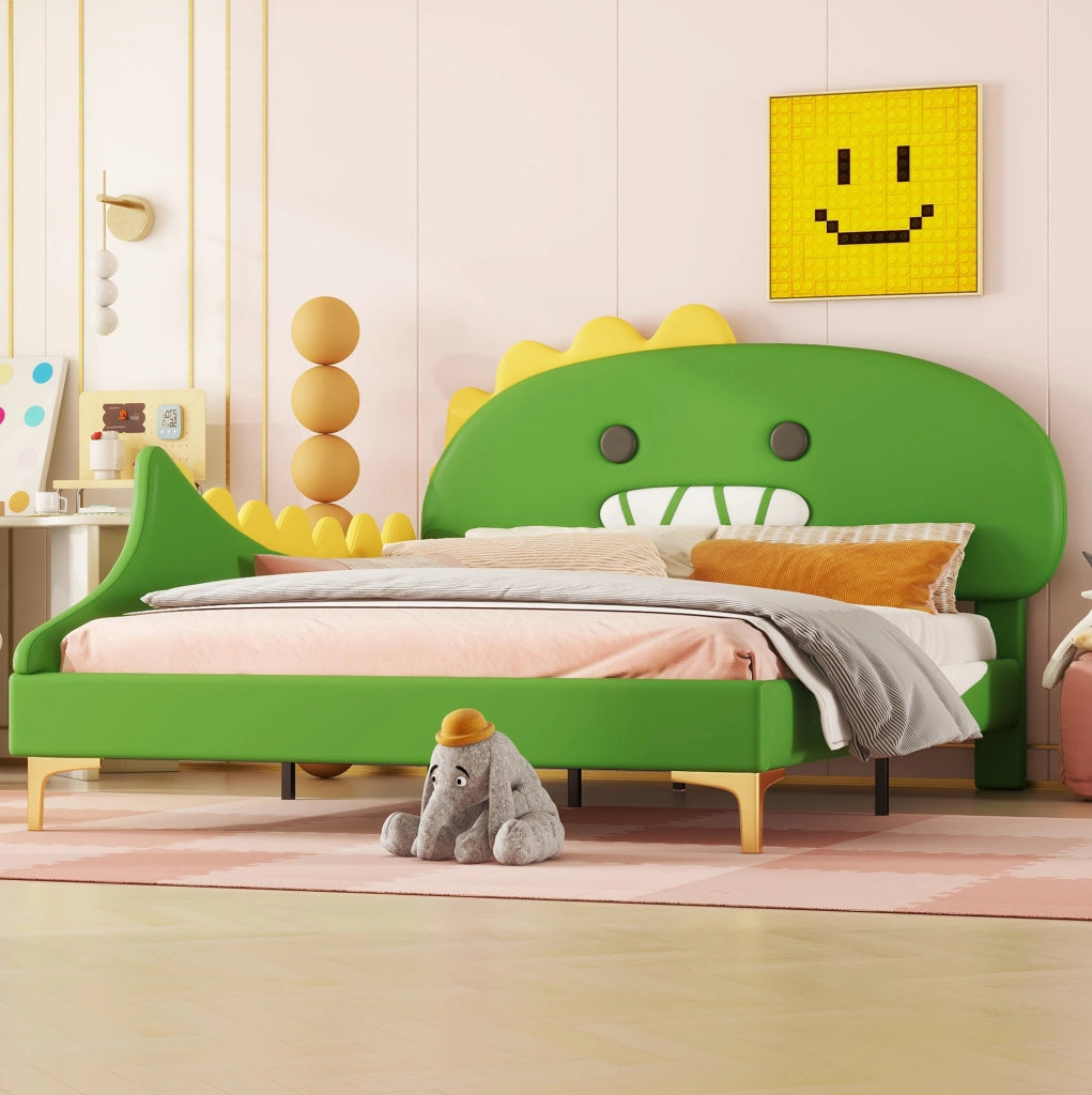 Letto per bambini 140x200 cm a forma di dinosauro; PU verde
