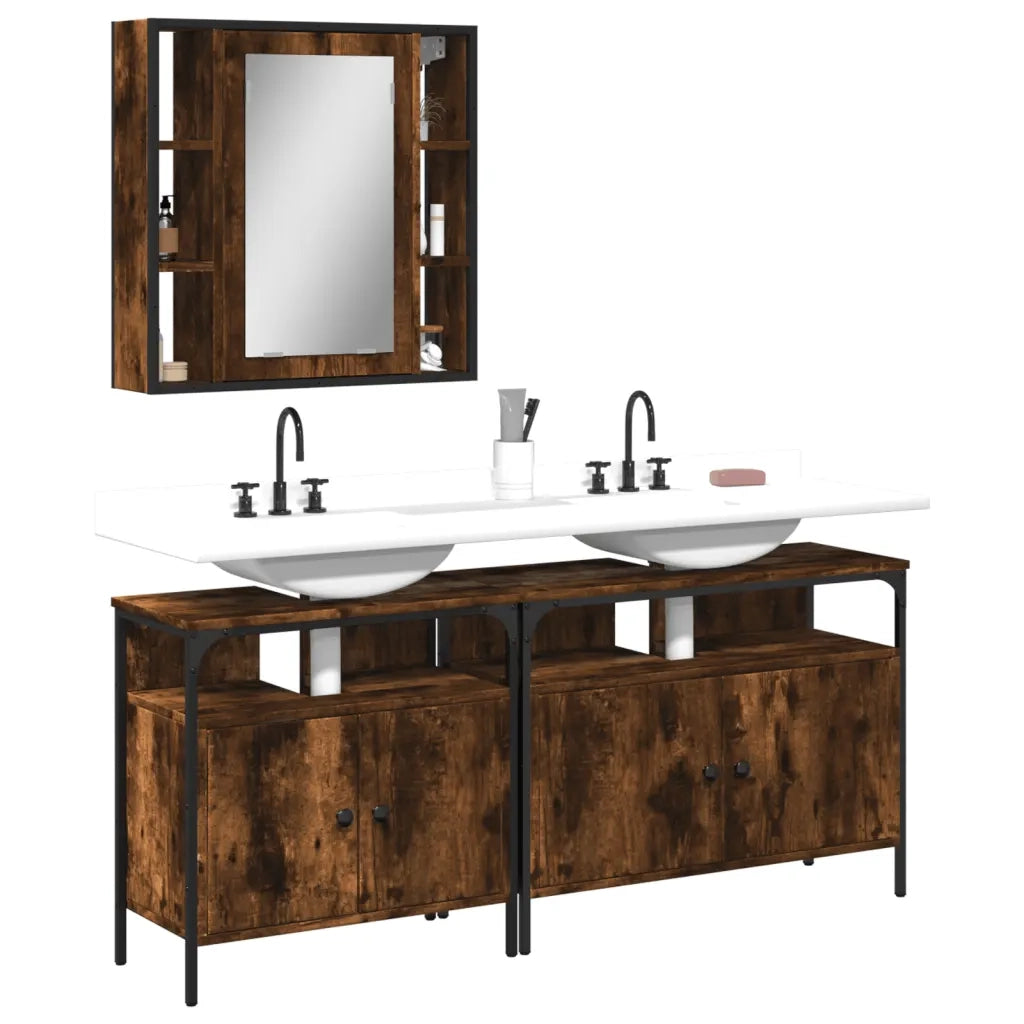 Set Mobili da Bagno | Armadio da bagno 3 pz Rovere Fumo in Legno Multistrato