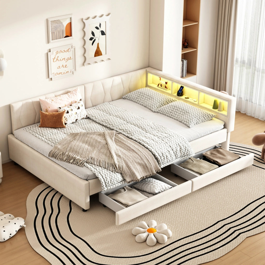 Letto a giorno 140x200 cm con LED; cassetti e USB in lino beige