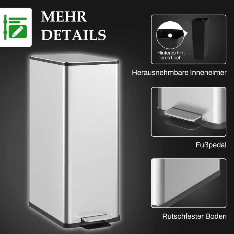 PATTUMIERA 20 L A PEDALE IN ACCIAIO INOX ARGENTO 21,5 x 37,2 x 57 cm