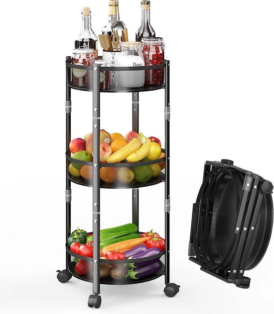 Carrello di stoccaggio a 3 livelli, senza montaggio, facile da aprire e ripiegare, carrello in metallo, vettura multifunzionale con ruote bloccabili, biancheria, nero