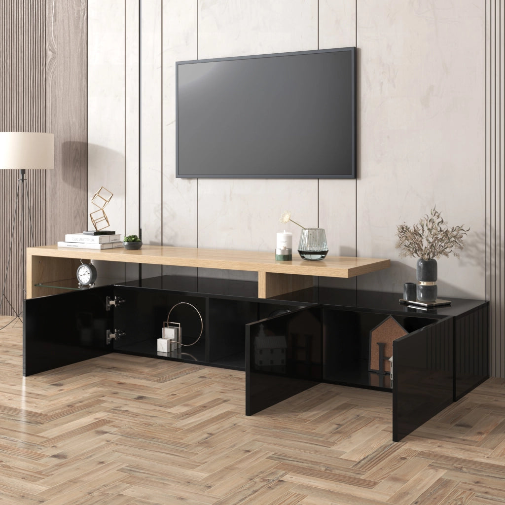 Mobile TV 197.5x39x42 cm; con ripiani in vetro e LED a 7 colori; MDF e vetro; colore naturale e nero