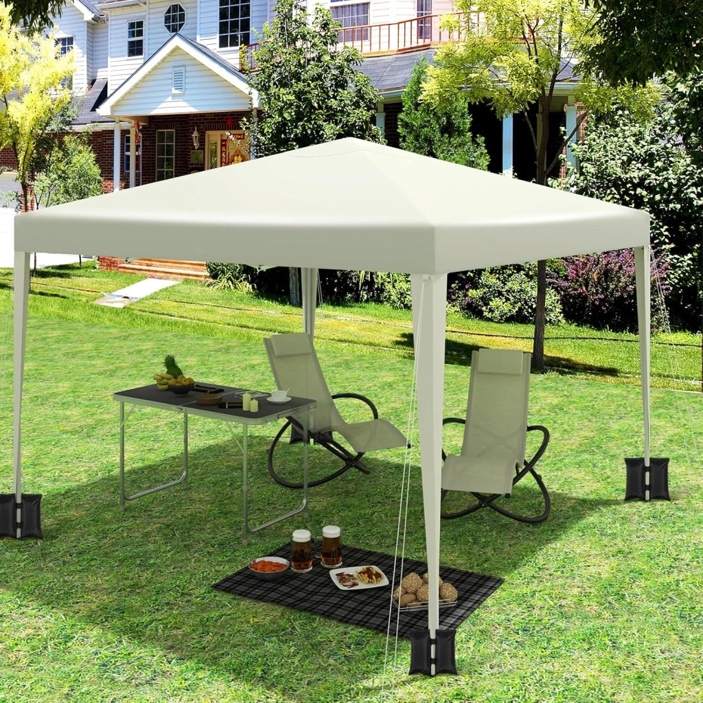 Gazebo da Giardino Richiudibile 3x3m Gazebo da Esterno in Ferro Regolabile in Altezza Tendone Pieghevole con Set di 4 Sacchi di Sabbia, Facile da Montare Beige