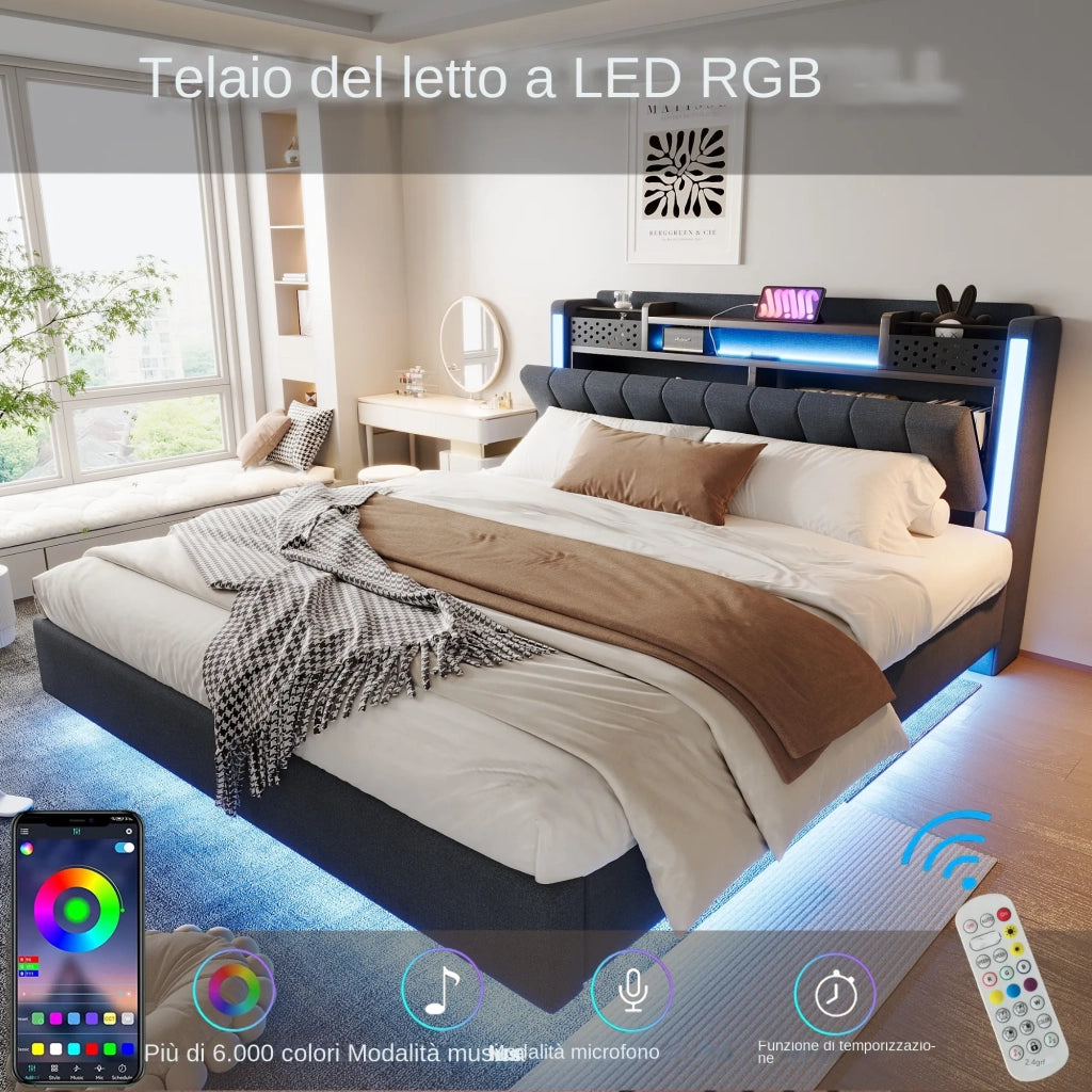 Letto matrimoniale imbottito 160x200 cm con LED; USB; testiera contenitore e rete; grigio