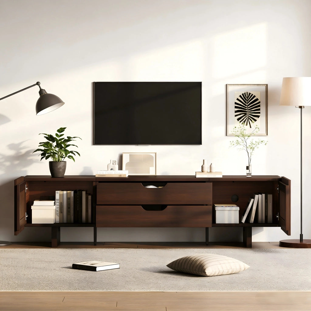 Mobile TV con 2 cassetti e 2 ante a lamelle - 180x40x45 cm - in MDF - noce scuro