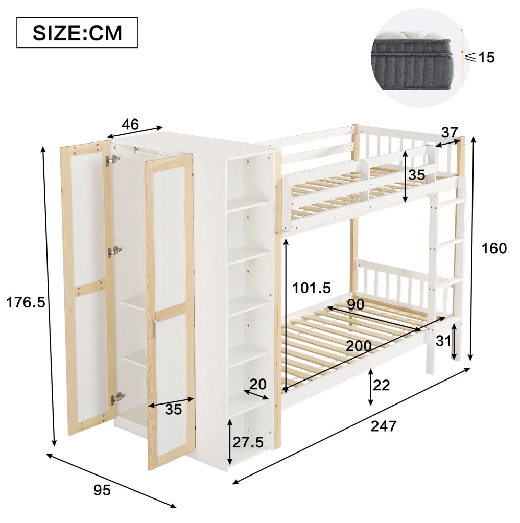 Letto a castello per bambini 90x200 cm con armadio laterale; scala a 4 gradini; bianco/naturale