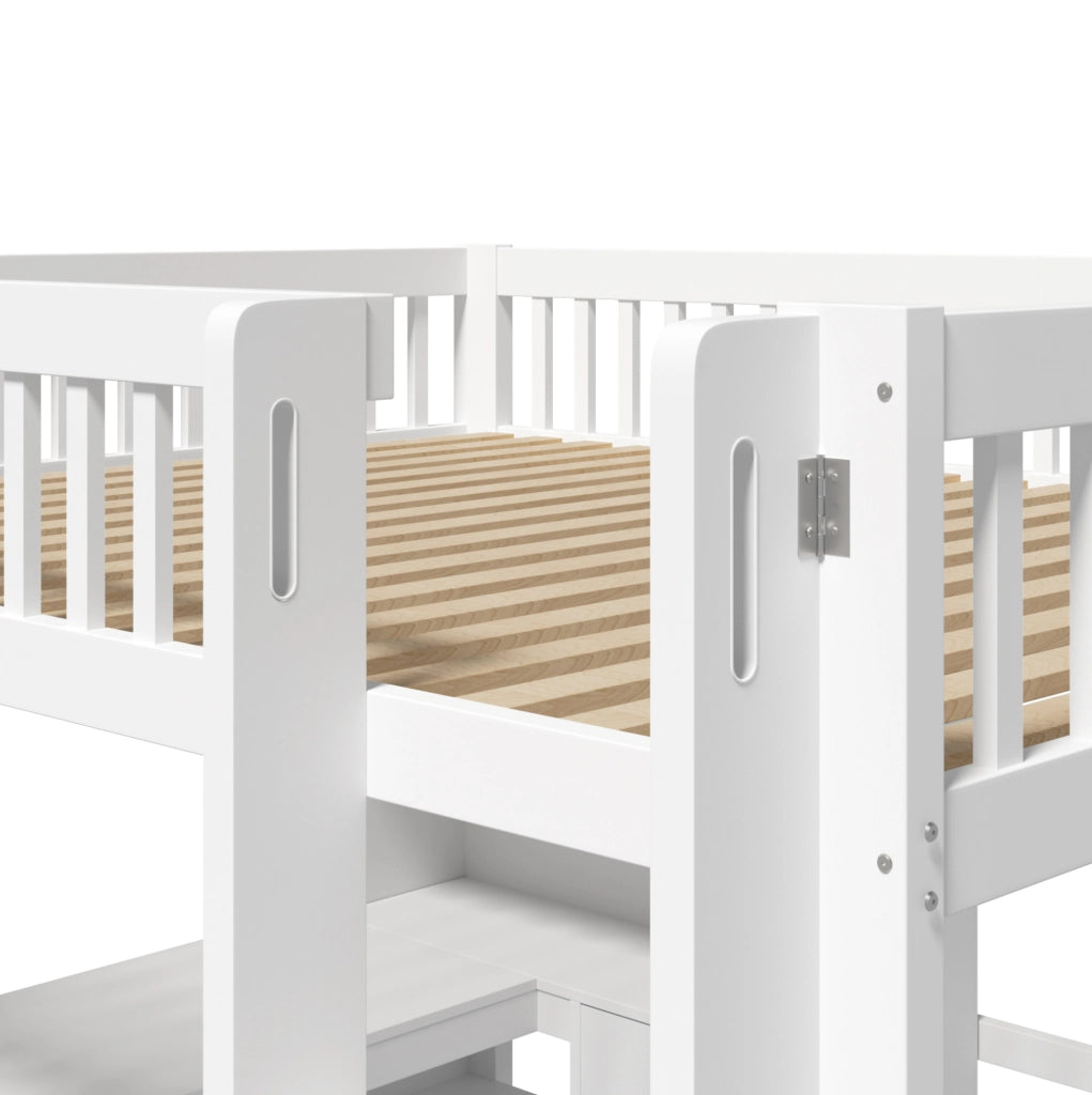 Letto a soppalco ULEVR 140x200 cm con scrivania, 3 cassetti, vani aperti e scala, bianco