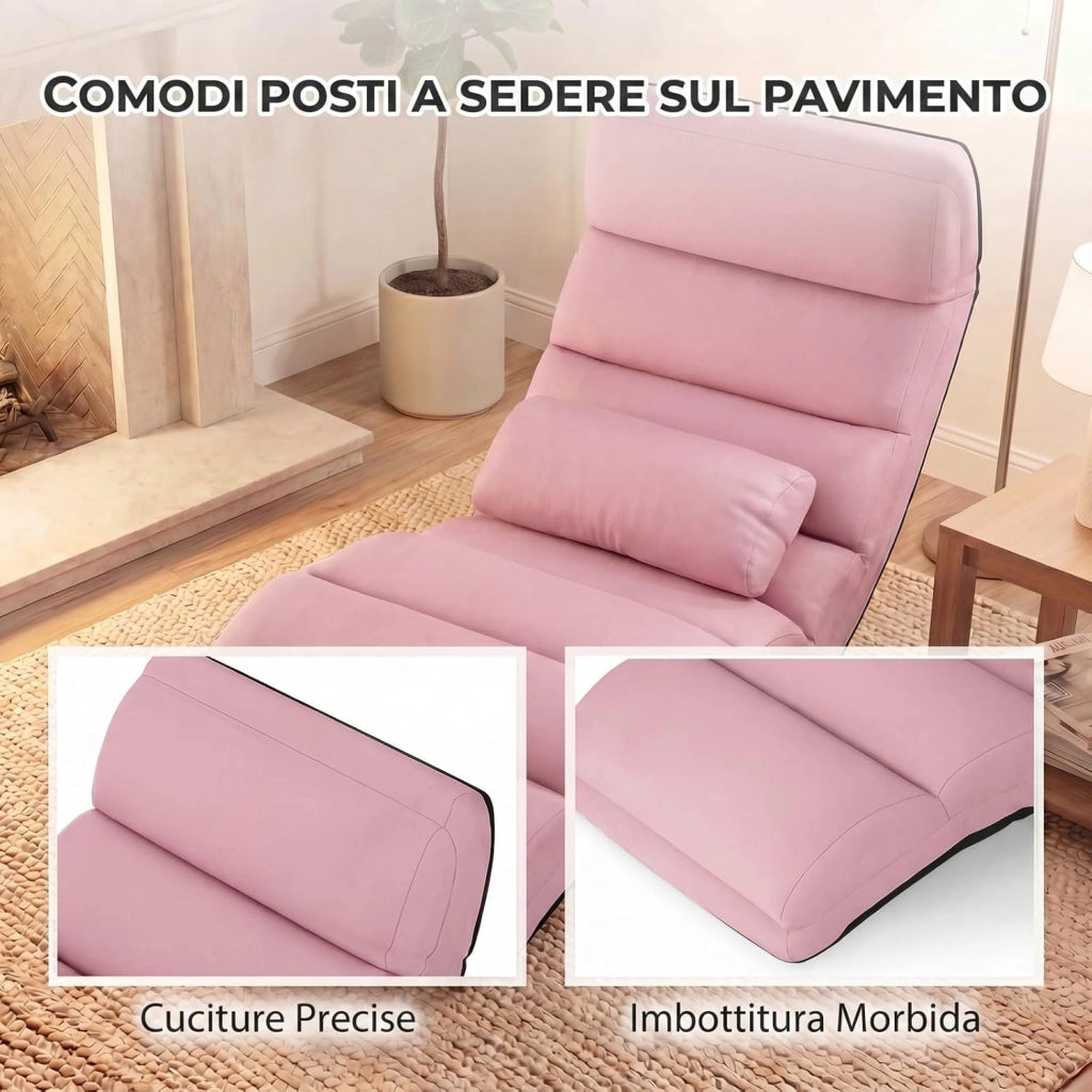Poltrona Relax, Sedia Pieghevole da Pavimento, Divano Letto da Terra con Cuscino e Schienale Regolabile in 5 Posizioni, Sedia Imbottita Relax per Soggiorno, Camera da Letto (Rosa)