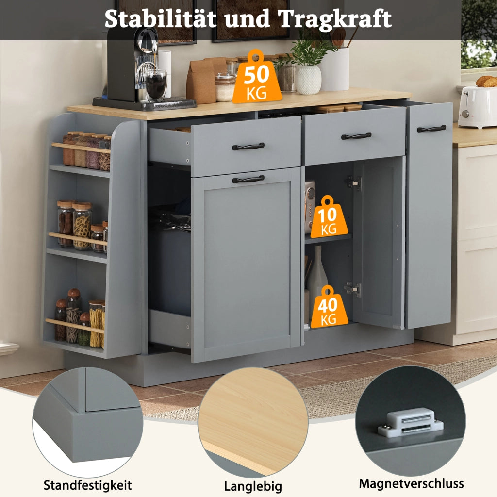 Credenza con vani aperti e scomparto per bidone - per cucina e sala da pranzo - 133.5×40×86 cm - grigio