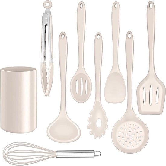 Set di utensili da cucina in silicone a 9 pezzi con rivestimento antiaderente - colore kaki