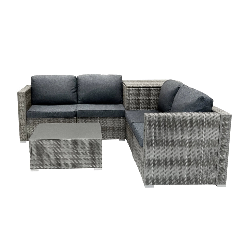 Set Divani Rattan Grigio 6 Pezzi con Cuscini, Tavolino e Baule 250L
