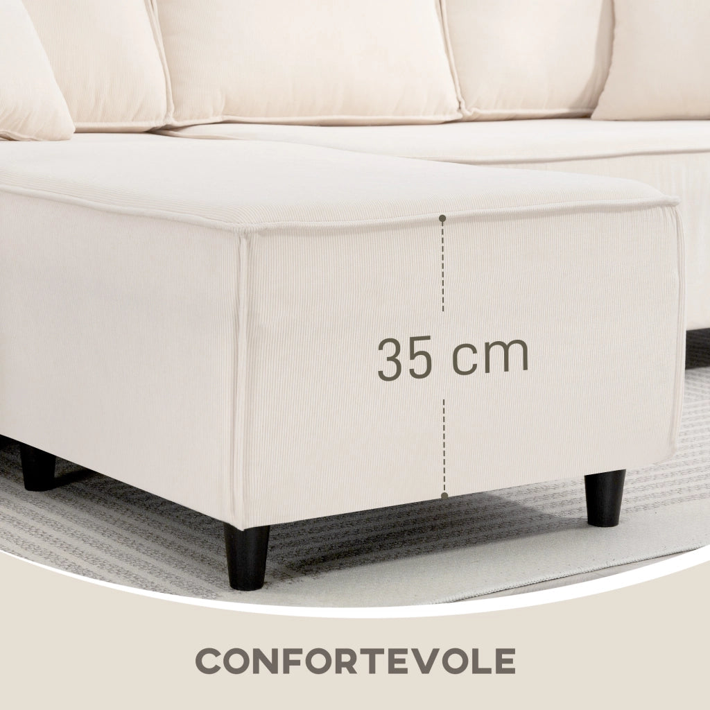 Divano Angolare 3 Posti in Tessuto Velluto ¨C Zephmum ¨C Bianco Crema 241x153x83