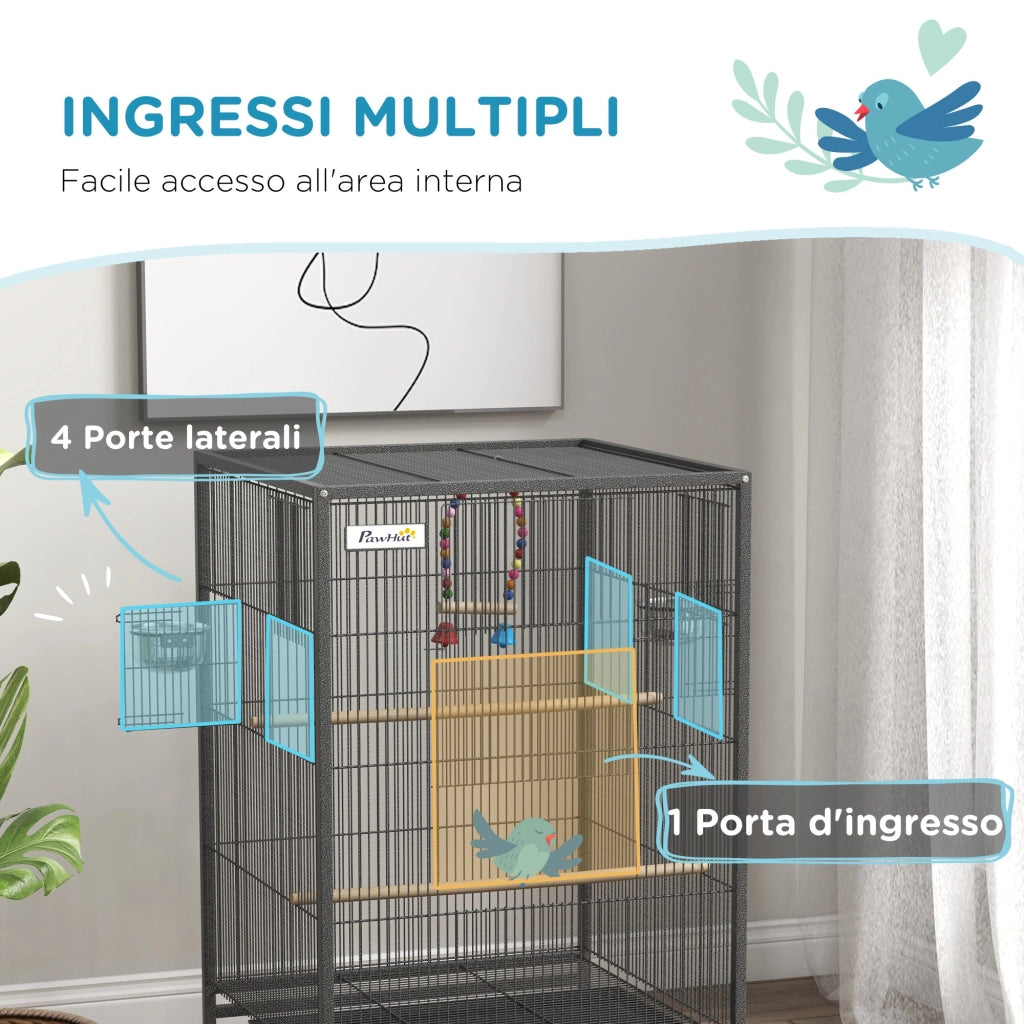 Voliera Gabbia per Uccelli 48x46x74 cm in Acciaio con Ruote Grigio