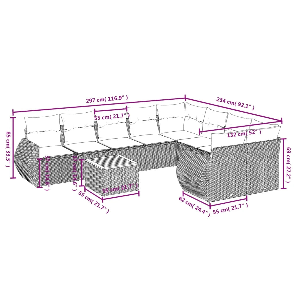 Set Divani da Giardino 10pz con Cuscini in Polyrattan Nero 3225160
