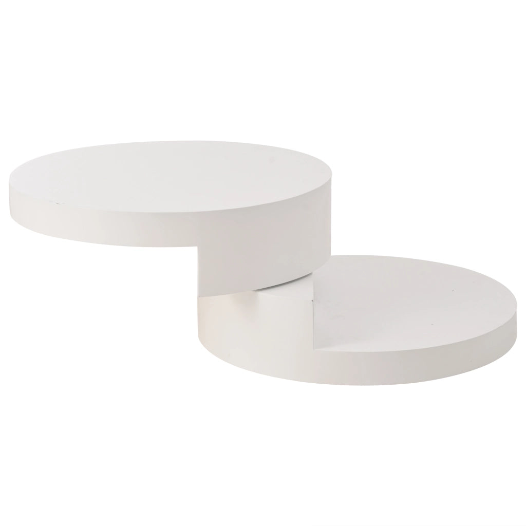 Tavolino basso rotondo girevole con LED e doppio ripiano in MDF bianco diametro 70 × 35,5 cm