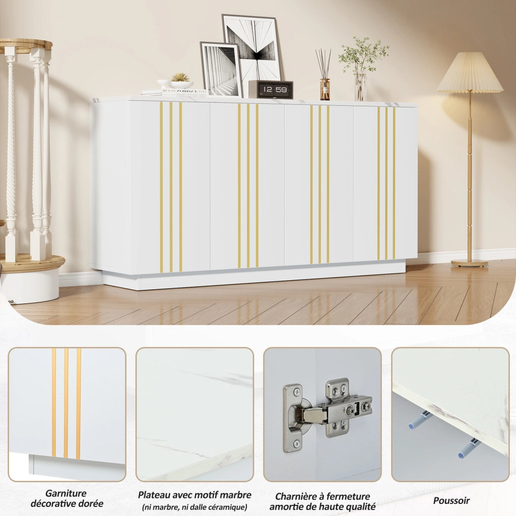 Credenza con 4 ante e ripiani regolabili, per soggiorno e ingresso, in truciolare, bianco e oro, 35 × 140 × 70 cm