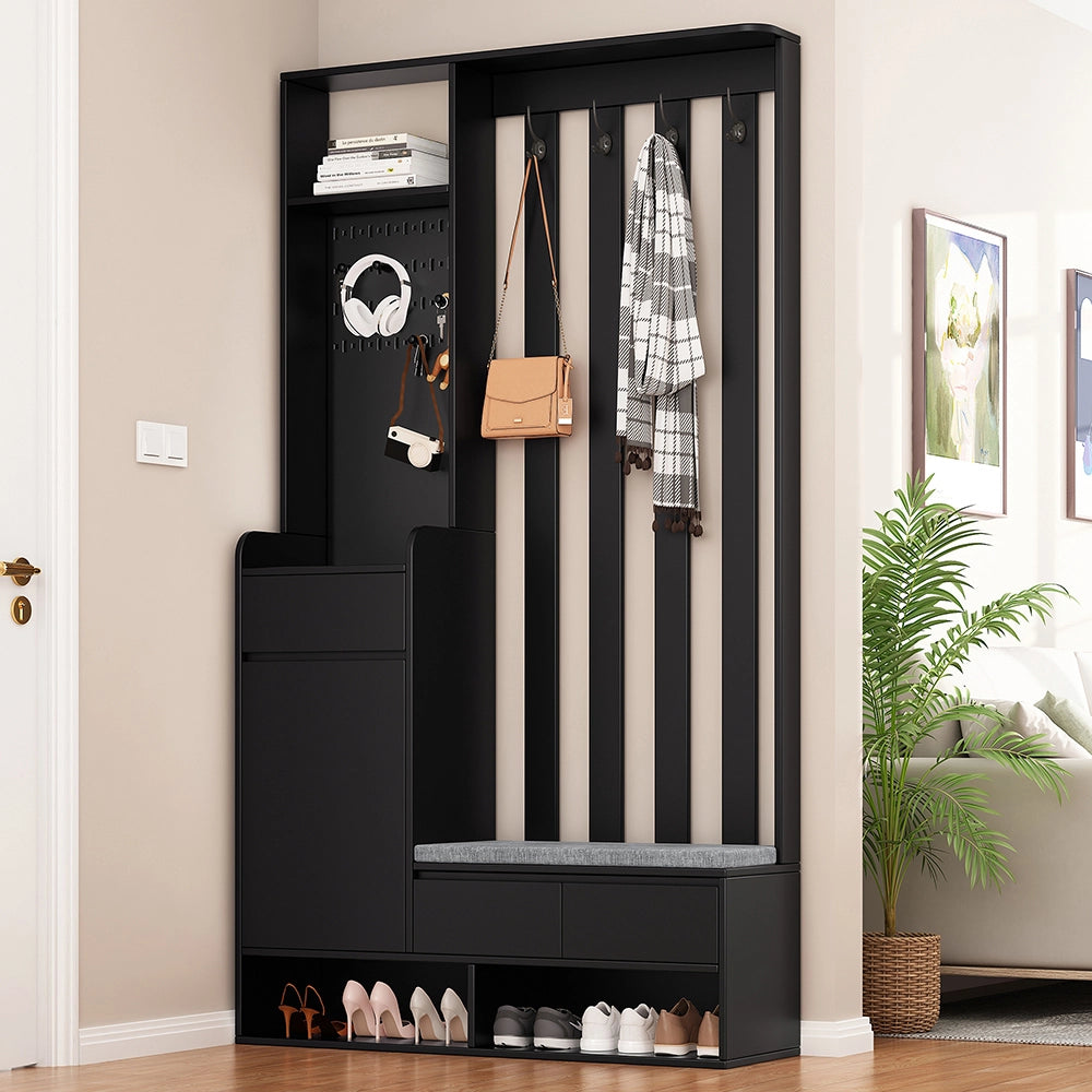 Portaabiti con panca imbottita - Xylo - H180/L100/P35 cm - Nero - Multifunzionale con porta scarpe e lavagna