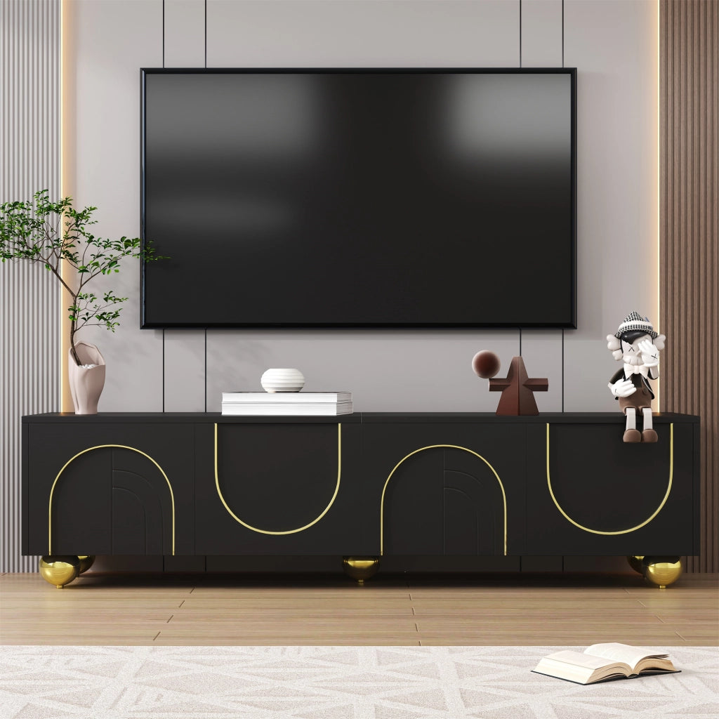 Mobile TV con 4 Ante e Ripiani; Apertura Push-to-Open; Piedini Rotondi Dorati; in Pannello Truciolare; 170??38??44 cm; Nero