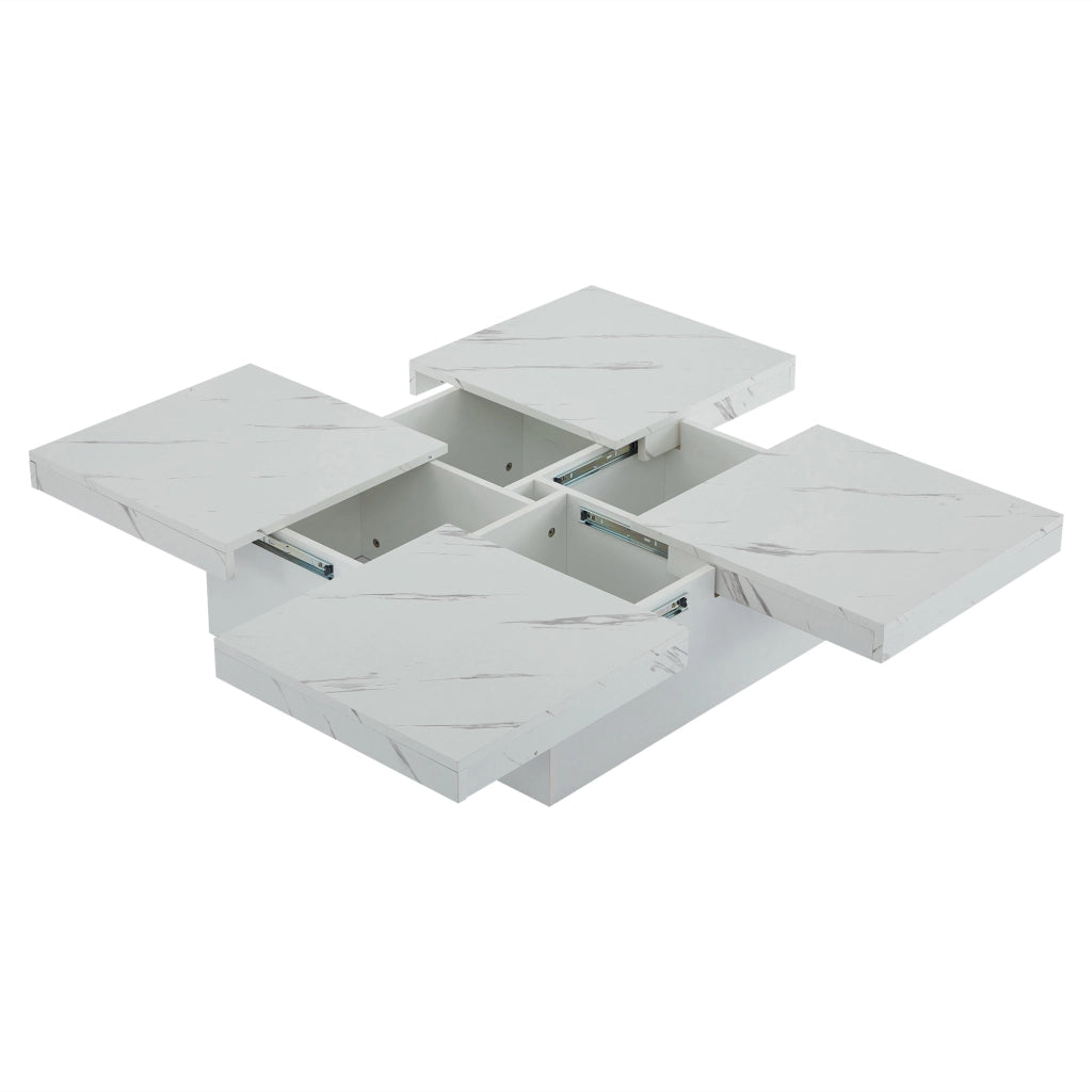 Tavolino da caffè 90x90x25 cm; 4 cassetti con piano scorrevole; truciolare effetto marmo bianco