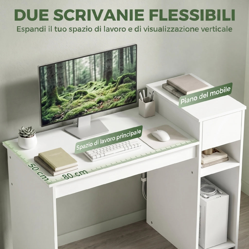 Scrivania per Studio e Scrittura 108x50x82 cm con Cassetto e Scaffali in Legno Bianco