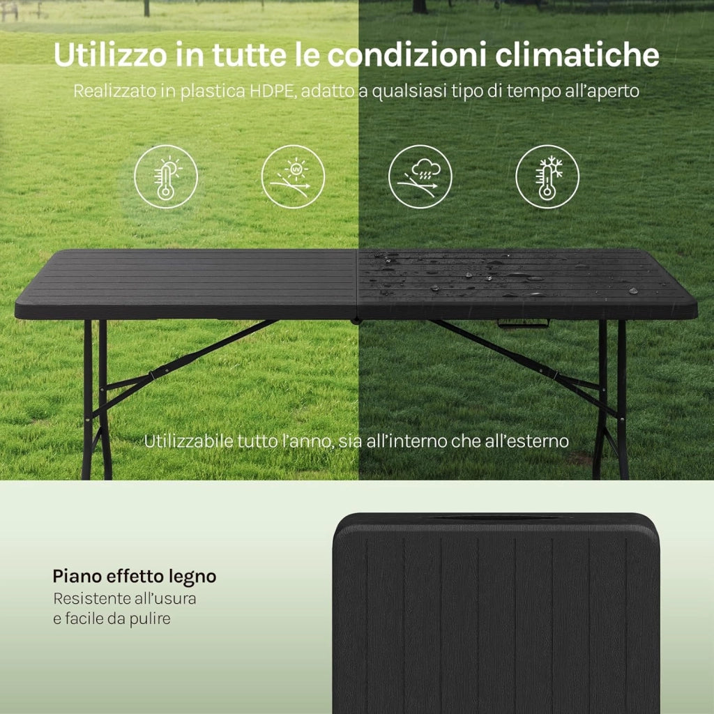 Tavolino Pieghevole Rettangolare, 180x74x74 cm, Tavolo da Esterno per 8 Persone, Richiudibile e Portatile per Giardino, Balcone e Campeggio, HDPE, Effetto Legno, Nero