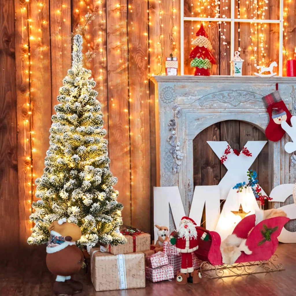 Albero di Natale Stretto e Alto Slim 140/180/225 cm, con 150/250/350 Luci Incorporate, Albero Innevato Romantico, Supporto in Ferro, Rami Spessi, Effetto Realistico