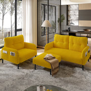 OKWISH Set da 3 Pezzi con Divano 2 Posti, Poltrona e Poggiapiedi, con Tasca Laterale, Velluto a Coste Giallo